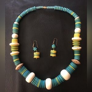 Beaded Necklace/ earring set  (teal, yellow, white)
